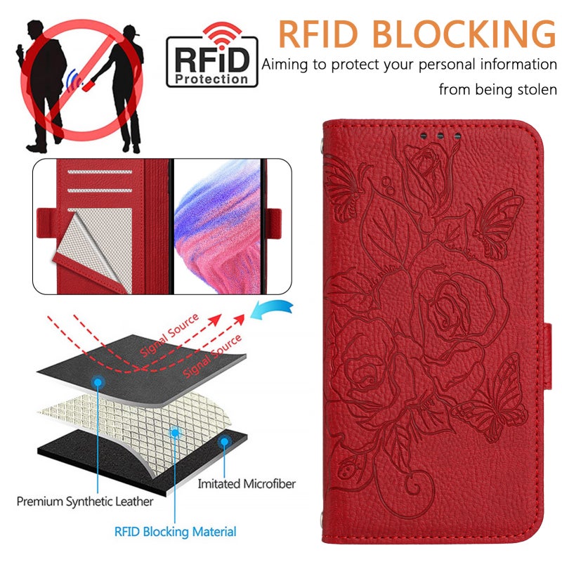 HuHa Case Cover For Motorola Moto G Play 2021 Embossed Rose RFID Anti-theft Leather Phone Case(Red) - Image 5