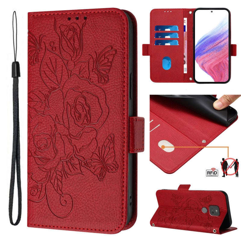 HuHa Case Cover For Motorola Moto G Play 2021 Embossed Rose RFID Anti-theft Leather Phone Case(Red) - Image 1