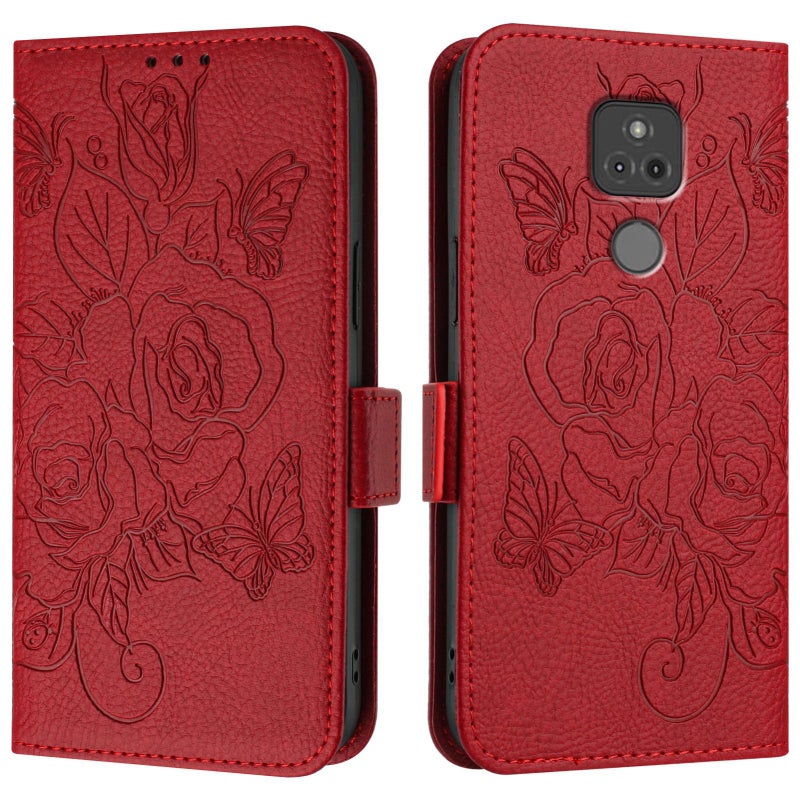 HuHa Case Cover For Motorola Moto G Play 2021 Embossed Rose RFID Anti-theft Leather Phone Case(Red) - Image 2