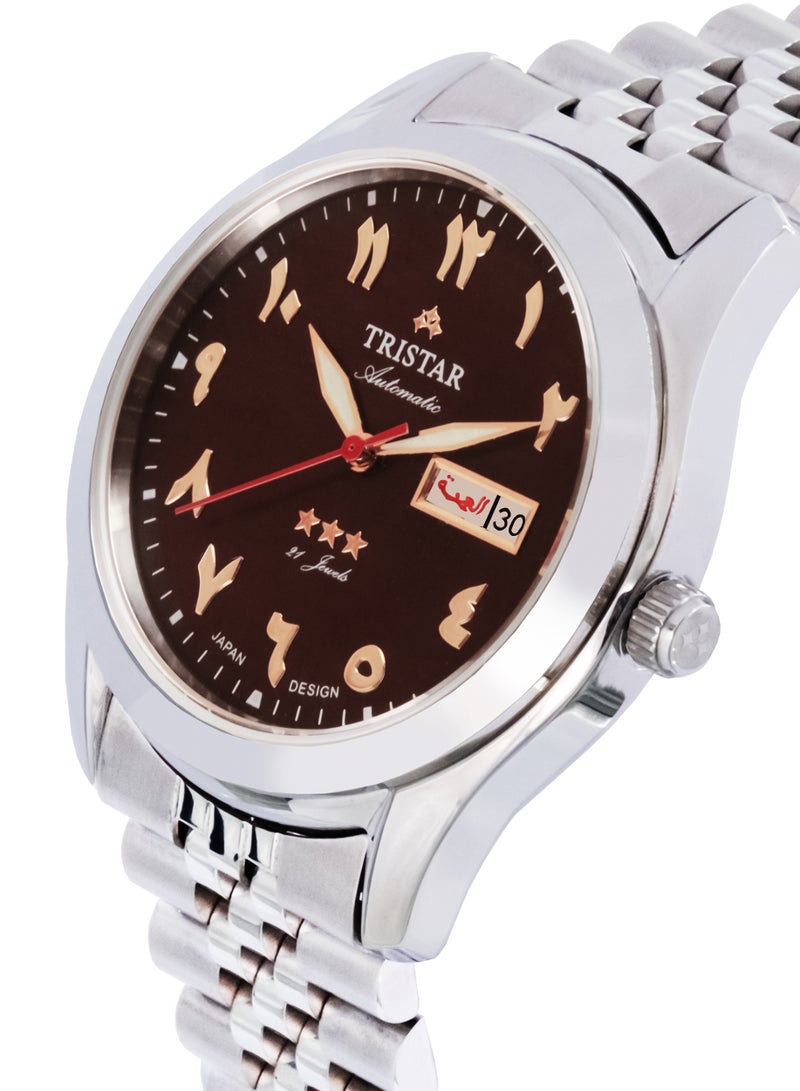 تريستار Tristar BA Series ساعة أوتوماتيكية للرجال العربية الرقمية البني سوار الفولاذ المقاوم للصدأ ساعة المعصم للرجال - Image 2