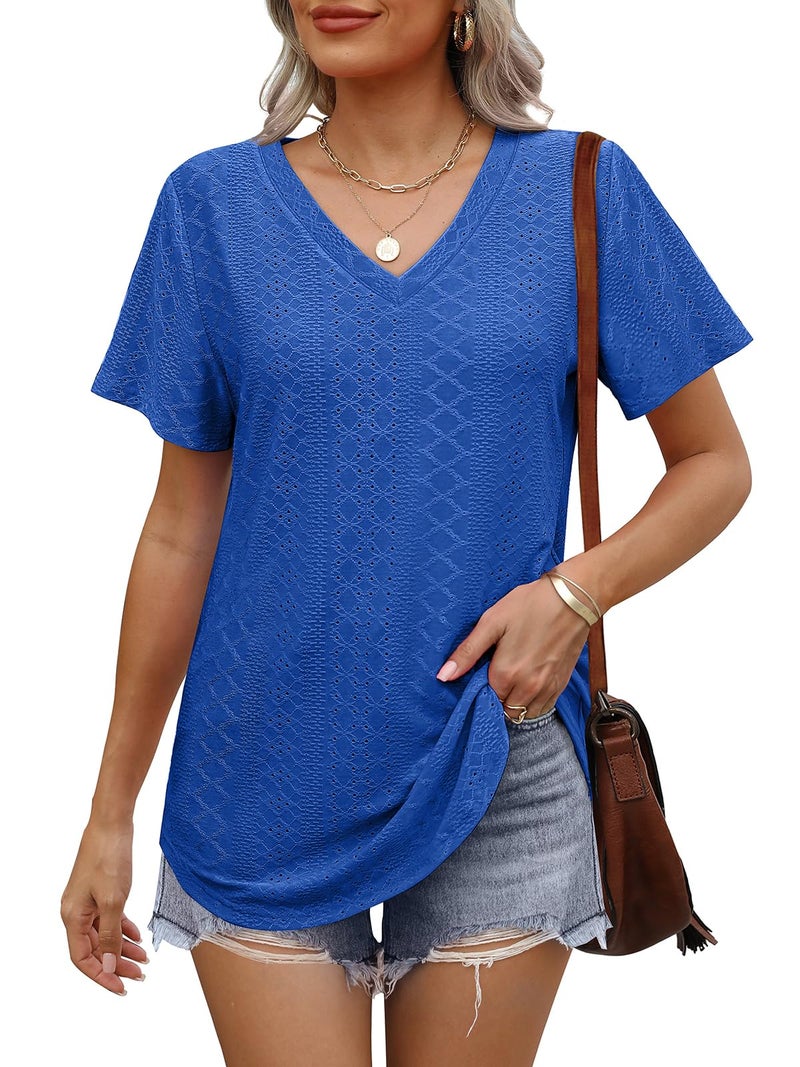 OFEEFAN V Neck T Shirts for Women Short Sleeve Casual Tops Workout Trendy V Neck Cute Shirts 2026 Teacher Outfits for Women Clothing Spring Blue 2XL - Image 2