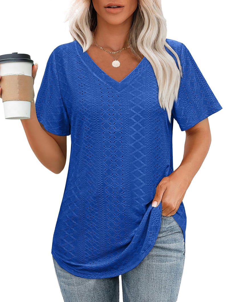 OFEEFAN V Neck T Shirts for Women Short Sleeve Casual Tops Workout Trendy V Neck Cute Shirts 2026 Teacher Outfits for Women Clothing Spring Blue 2XL - Image 1