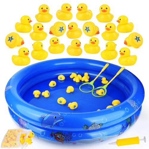 FIVEDAOGANG Duck Matching Game Toys for Kids 20 Plastic Ducks with Numbers34 x 7 Kiddie Pool Storage Bag 2 Nets Fun Memory Games Water Outdoor Game for ChildrenPreschoolersBirthday Party Carnival - Image 1