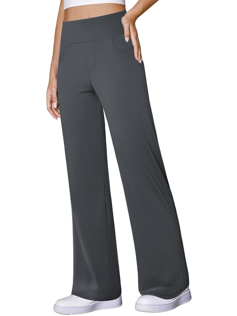 COPYLEAF Wide Leg Yoga Pants Women Stretch Dress Work Pants with Pockets Lounge Casual SweatpantsDark Grey M - Image 2