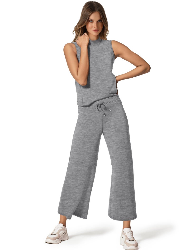 Sampeel Women Two Piece Sets 2024 Summer Lounge Matching Sets Mock Neck Top Tracksuit Wide Leg Pants Lounge Set Cozy Travel Clothes Business Work Outfits Petite Grey S - Image 2