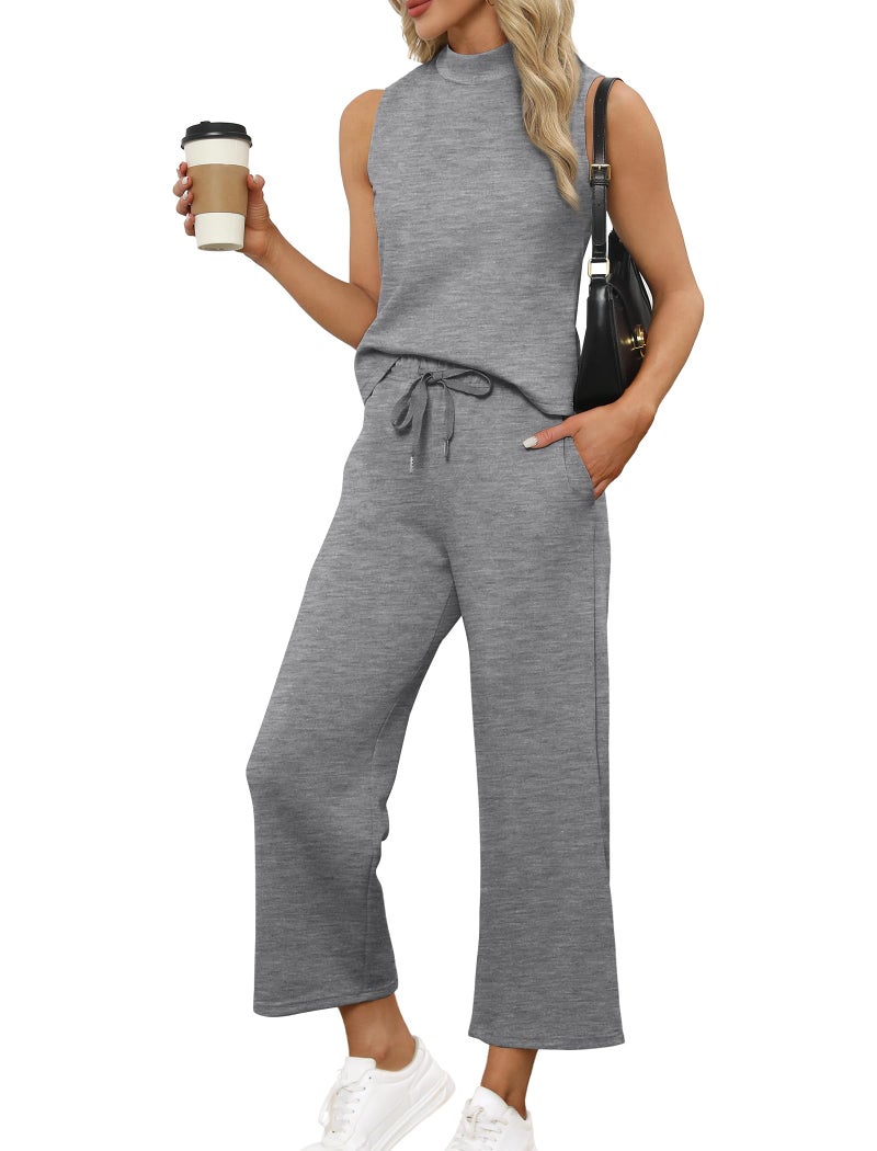 Sampeel Women Two Piece Sets 2024 Summer Lounge Matching Sets Mock Neck Top Tracksuit Wide Leg Pants Lounge Set Cozy Travel Clothes Business Work Outfits Petite Grey S - Image 1