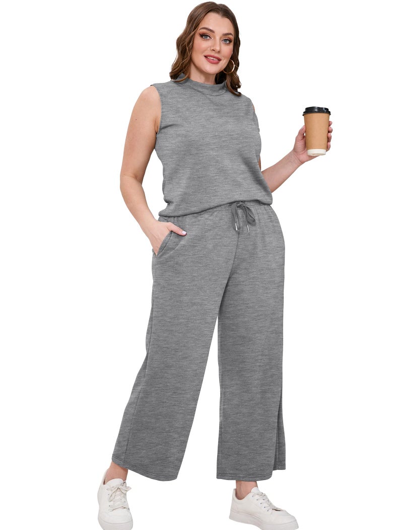 Sampeel Women Two Piece Sets 2024 Summer Lounge Matching Sets Mock Neck Top Tracksuit Wide Leg Pants Lounge Set Cozy Travel Clothes Business Work Outfits Petite Grey S - Image 4