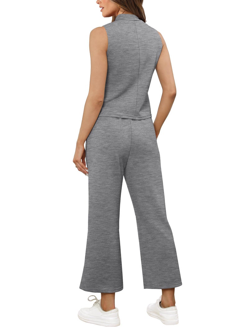 Sampeel Women Two Piece Sets 2024 Summer Lounge Matching Sets Mock Neck Top Tracksuit Wide Leg Pants Lounge Set Cozy Travel Clothes Business Work Outfits Petite Grey S - Image 5