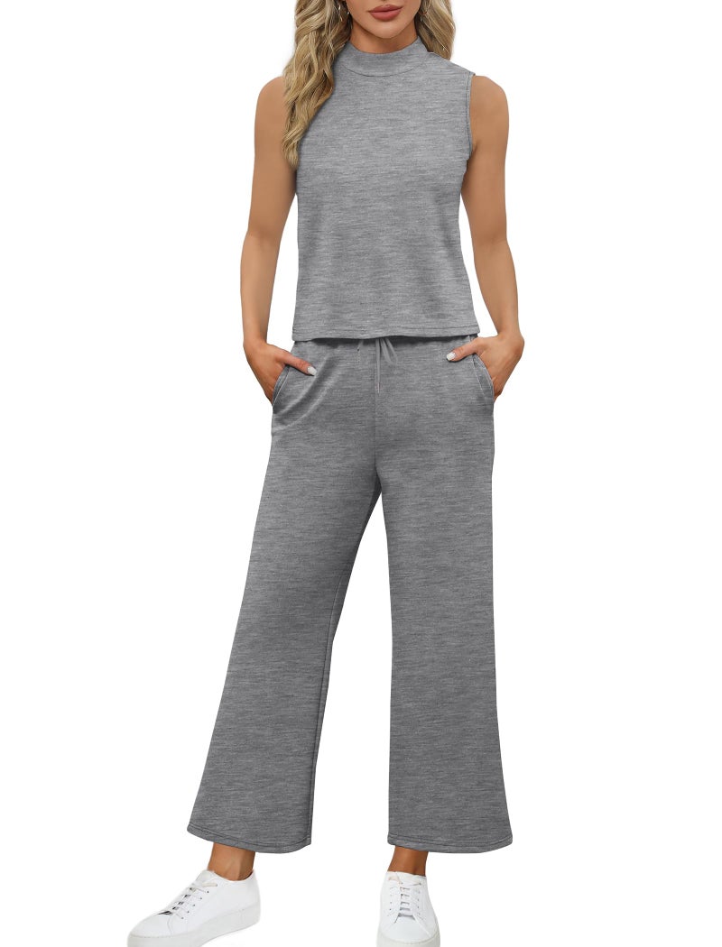 Sampeel Women Two Piece Sets 2024 Summer Lounge Matching Sets Mock Neck Top Tracksuit Wide Leg Pants Lounge Set Cozy Travel Clothes Business Work Outfits Petite Grey S - Image 3