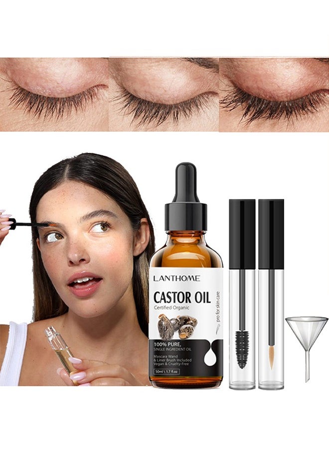 Lanthome Castor Oil Certified Organic - For Eyelashes and Eyebrows, Organic Jamaican Black Castor Oil Cold Pressed Hair Growth Oil,Skin Moisturizer Body Oil ith Eyelash Kit 50ml  - Image 1