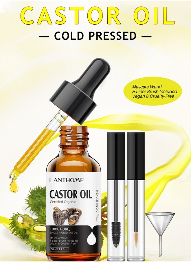 Lanthome Castor Oil Certified Organic - For Eyelashes and Eyebrows, Organic Jamaican Black Castor Oil Cold Pressed Hair Growth Oil,Skin Moisturizer Body Oil ith Eyelash Kit 50ml  - Image 2