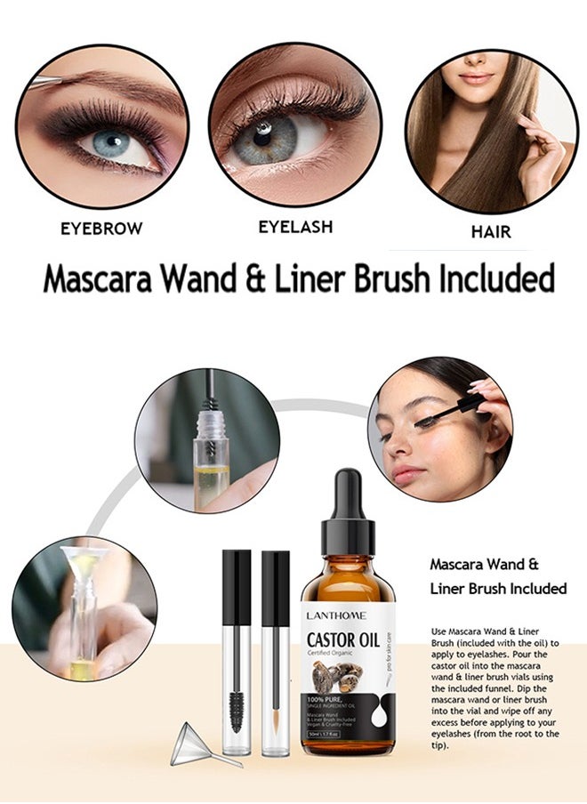 Lanthome Castor Oil Certified Organic - For Eyelashes and Eyebrows, Organic Jamaican Black Castor Oil Cold Pressed Hair Growth Oil,Skin Moisturizer Body Oil ith Eyelash Kit 50ml  - Image 5