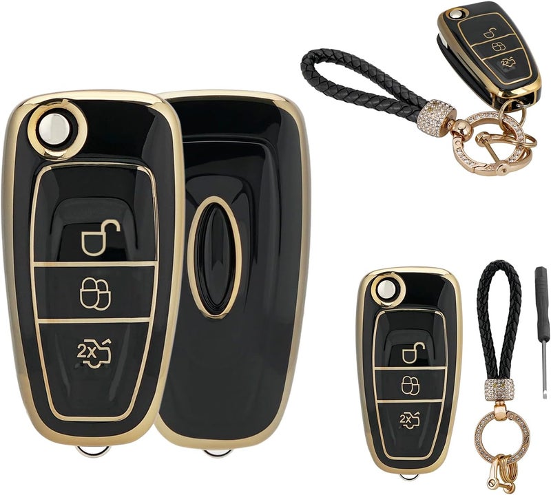 Vailikey TPU Key Fob Cover for Ford Vehicles with Keychain and Screwdriver - Black - Image 1