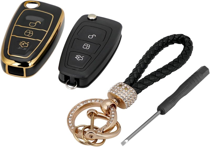 Vailikey TPU Key Fob Cover for Ford Vehicles with Keychain and Screwdriver - Black - Image 2