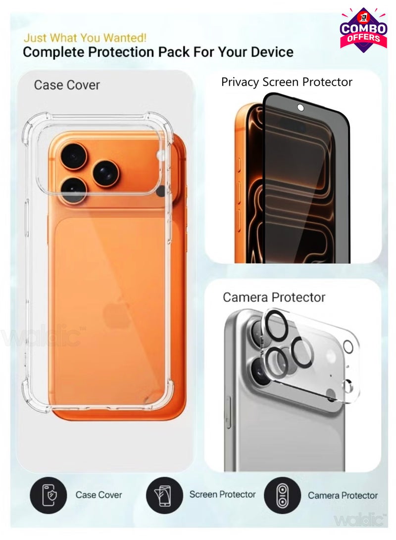 Waldic 3 in 1 Apple iPhone 17 Pro Max  Protection Pack - Ultra Clear Shockproof Case, with Privacy Glass Screen Protector & Camera Lens Protector| 360’ Protection, Easy Installation - Clear/Black - Image 2