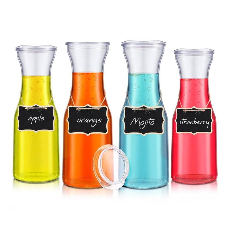 HOOJO® 1L Glass Water Bottles – Set of 4 Carafes with Lids & Chalkboard Tags – Clear Beverage Pitchers for Juice, Milk, Iced Tea, Lemonade, Cold Water & Mimosa Bar Brunch - Image 1