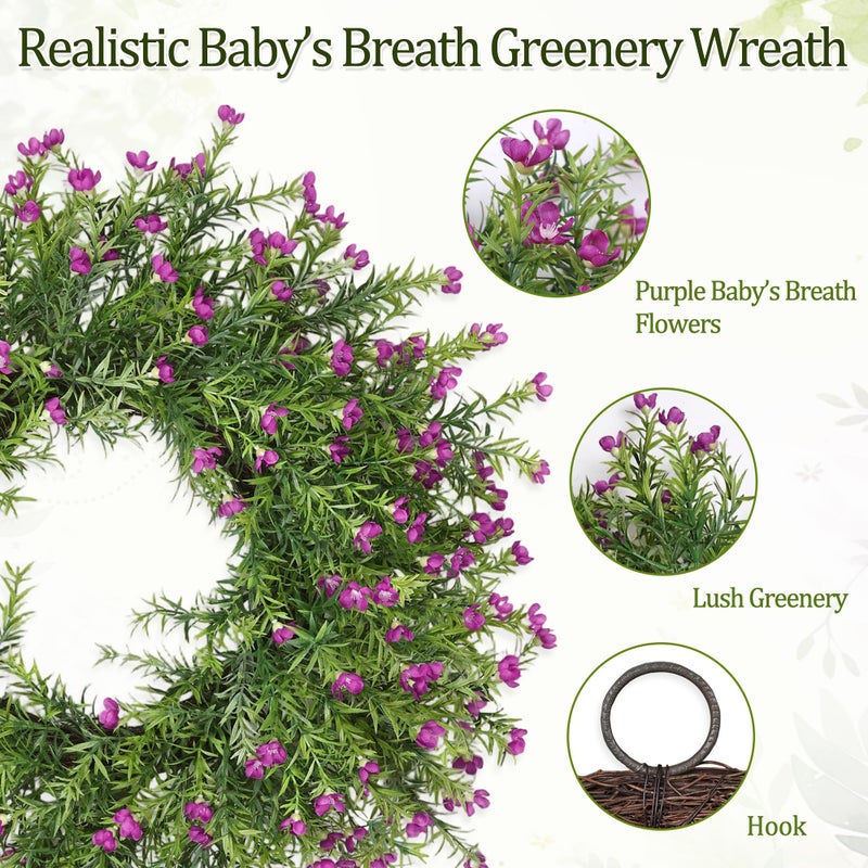 Zmtyykh Realistic 24 Inch Babyâ€™s Breath Wreath Spring Wreath for Front Door, Zmtyykh Purple Floral Green Wreath for Outdoor Indoor Farmhouse Wall Porch Home Decor, All Season Summer Wedding Party - Image 2