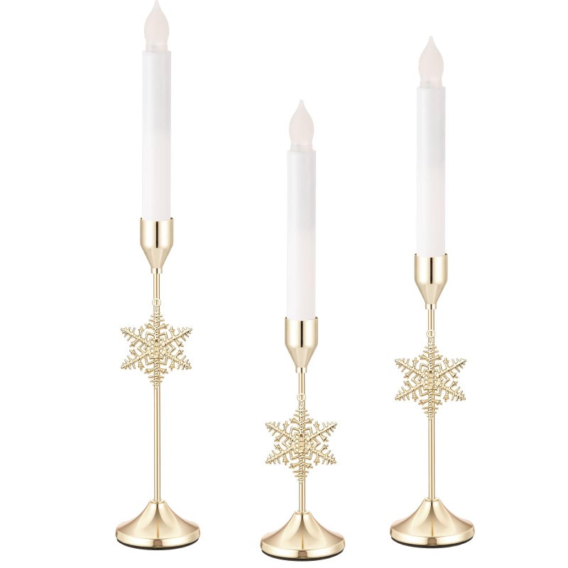 Ziliny 3 Pcs Christmas Snowflake Taper Candle Holders 3 Size Gold Christmas Candlestick Holders Xmas Candle Holder Vintage Decorative for Table Centerpiece Mantel Decor Holiday Housewarming Gifts - Image 2