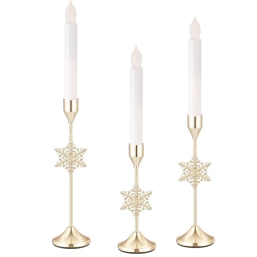 Ziliny 3 Pcs Christmas Snowflake Taper Candle Holders 3 Size Gold Christmas Candlestick Holders Xmas Candle Holder Vintage Decorative for Table Centerpiece Mantel Decor Holiday Housewarming Gifts - Image 1