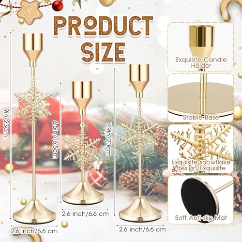 Ziliny 3 Pcs Christmas Snowflake Taper Candle Holders 3 Size Gold Christmas Candlestick Holders Xmas Candle Holder Vintage Decorative for Table Centerpiece Mantel Decor Holiday Housewarming Gifts - Image 3