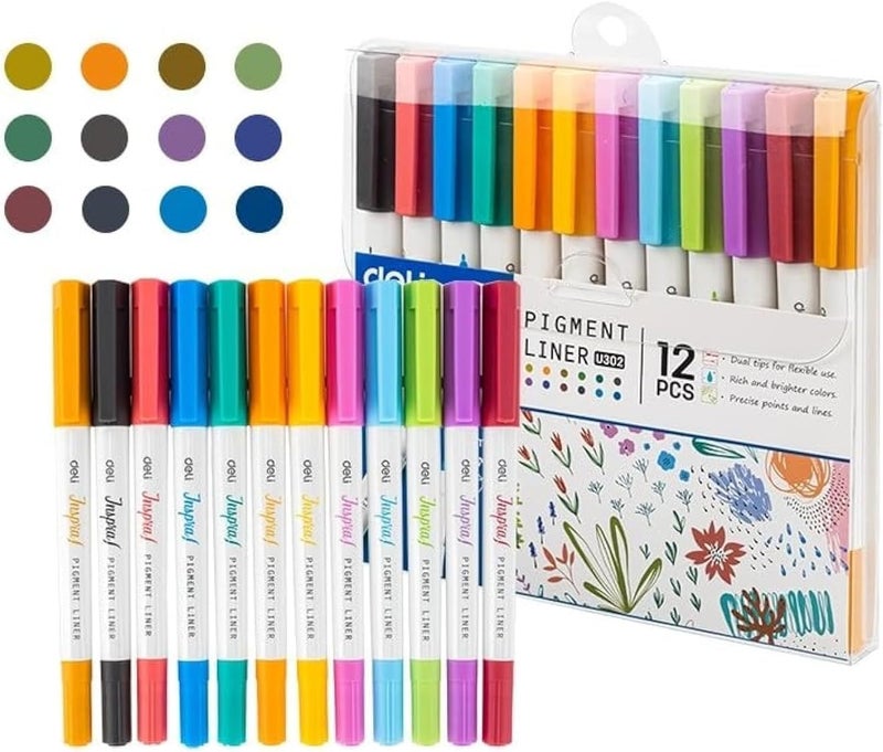 Deli EU302 Dual Tip Pigment Liner Drawing Pen Set - 12 Pieces - Image 1