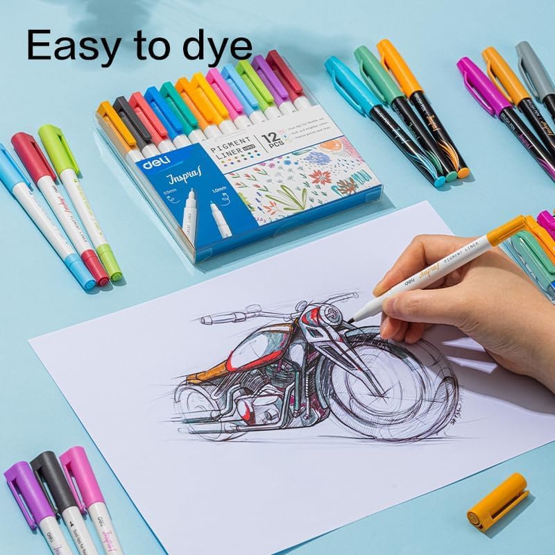 Deli EU302 Dual Tip Pigment Liner Drawing Pen Set - 12 Pieces - Image 3