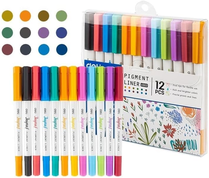 Deli EU302 Dual Tip Pigment Liner Drawing Pen Set - 12 Pieces - Image 2