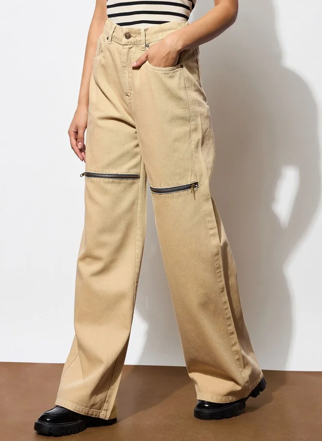 SASSAFRAS Beige High-Rise Wide Leg Jeans for Women
