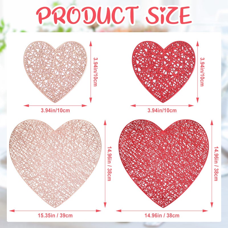 Layhit 20 Pcs Valentine's Day Heart Placemats and Coasters Set Include 10 Love Placemats 10 Heart Coasters Vinyl Washable Valentines Table Decorations for Wedding Anniversary Party (Red, Gold) - Image 2