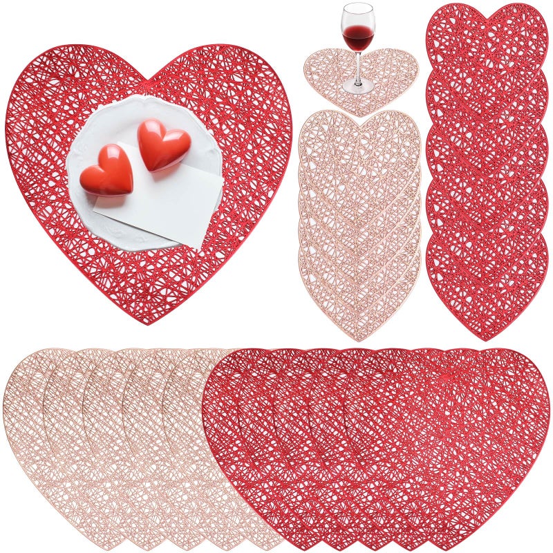 Layhit 20 Pcs Valentine's Day Heart Placemats and Coasters Set Include 10 Love Placemats 10 Heart Coasters Vinyl Washable Valentines Table Decorations for Wedding Anniversary Party (Red, Gold) - Image 1