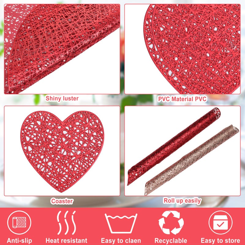 Layhit 20 Pcs Valentine's Day Heart Placemats and Coasters Set Include 10 Love Placemats 10 Heart Coasters Vinyl Washable Valentines Table Decorations for Wedding Anniversary Party (Red, Gold) - Image 3