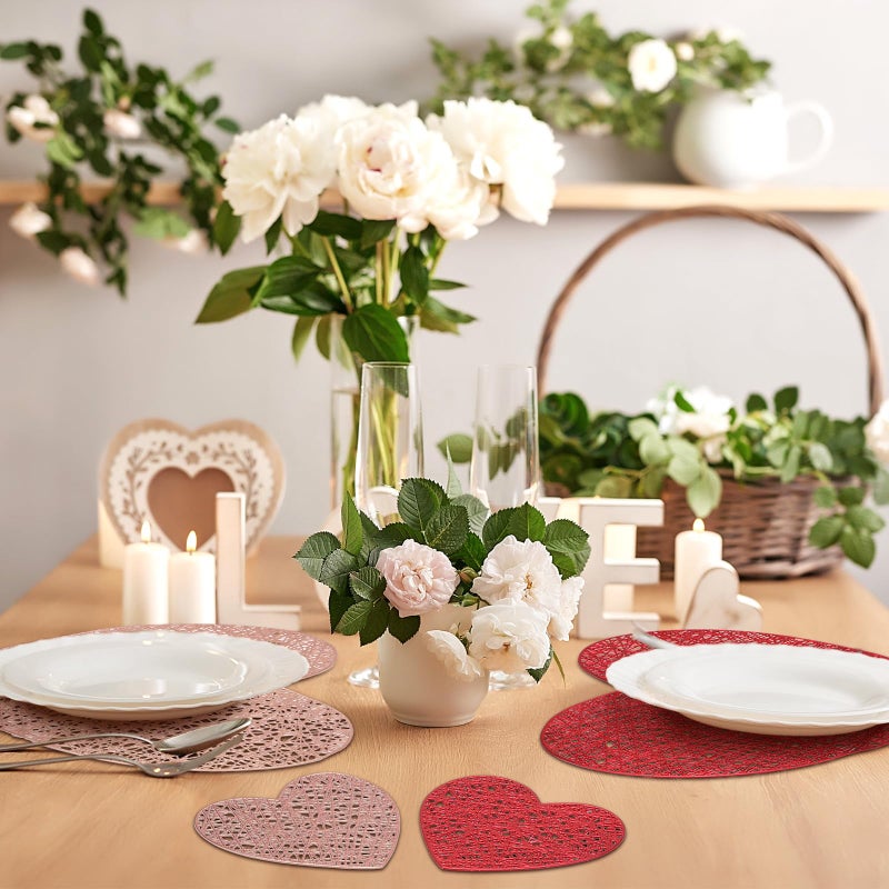 Layhit 20 Pcs Valentine's Day Heart Placemats and Coasters Set Include 10 Love Placemats 10 Heart Coasters Vinyl Washable Valentines Table Decorations for Wedding Anniversary Party (Red, Gold) - Image 5