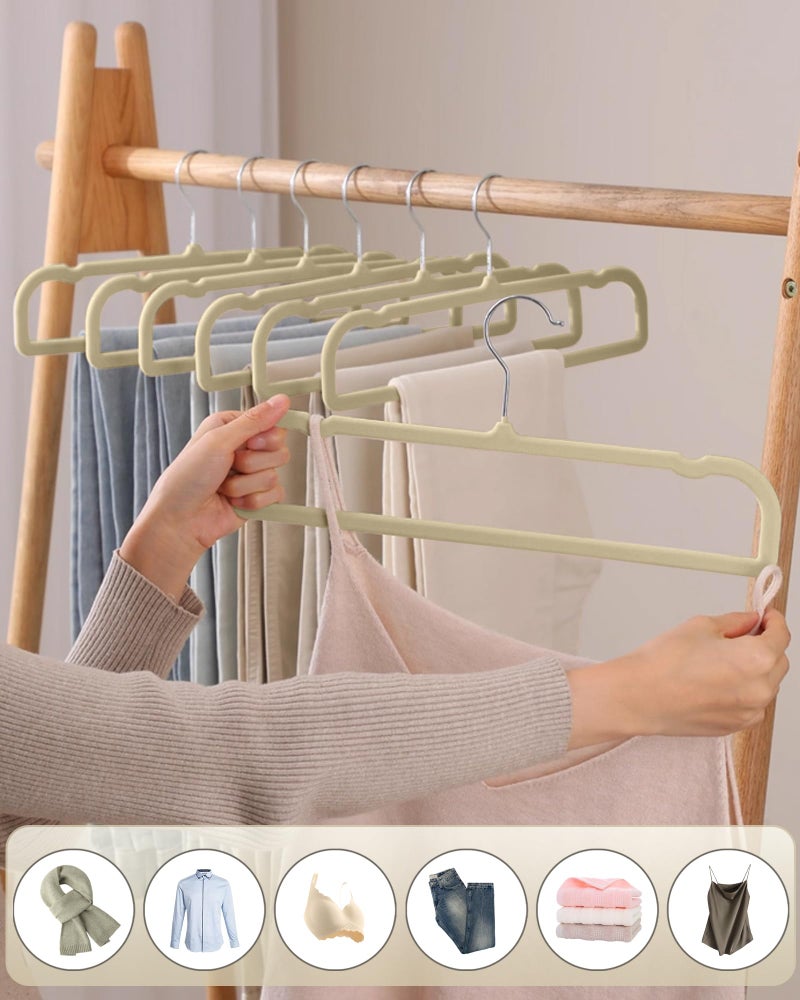 WJWSKI Velvet Hangers Non Slip - 20 Pack Pants Hangers for Closet - Thin Space Saving Clothes Hanger - Strong, Durable, Jean Perchas with 360 Degree Rotatable Hook for Tank Top (Beige Silver Hook) - Image 4