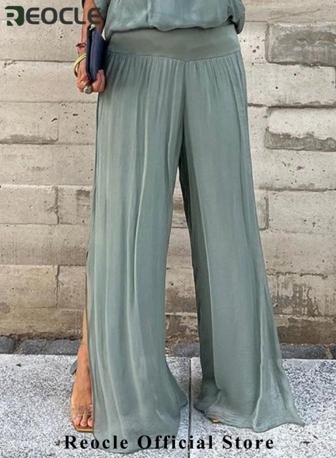 REOCLE Women's Chiffon Sets of 1pc Short Sleeved Blouse & 1pc Pants Casual Outfits V-neck Loose Top FlowingTrousers Elegant Clothing for Daily Wear - Image 3