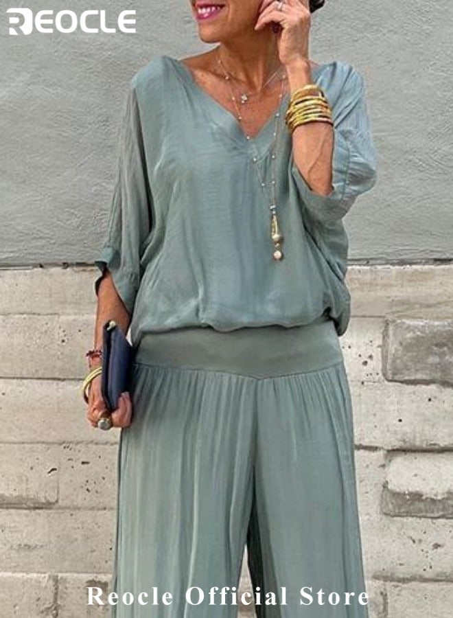 REOCLE Women's Chiffon Sets of 1pc Short Sleeved Blouse & 1pc Pants Casual Outfits V-neck Loose Top FlowingTrousers Elegant Clothing for Daily Wear - Image 2