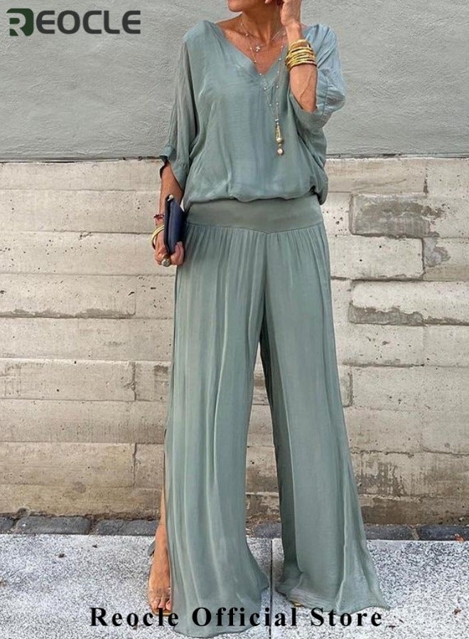 REOCLE Women's Chiffon Sets of 1pc Short Sleeved Blouse & 1pc Pants Casual Outfits V-neck Loose Top FlowingTrousers Elegant Clothing for Daily Wear - Image 4