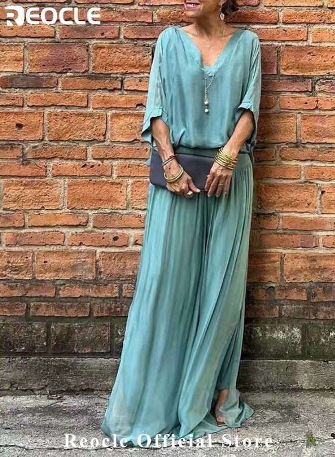 REOCLE Women's Chiffon Sets of 1pc Short Sleeved Blouse & 1pc Pants Casual Outfits V-neck Loose Top FlowingTrousers Elegant Clothing for Daily Wear - Image 5