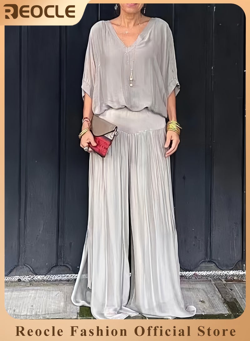 REOCLE Women's Chiffon Sets of 1pc Short Sleeved Blouse & 1pc Pants Casual Outfits V-neck Loose Top FlowingTrousers Elegant Clothing for Daily Wear - Image 1