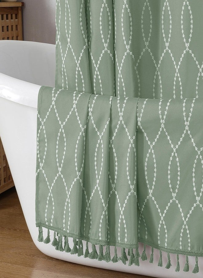 OVZME Sage Green Shower Curtain for Bathroom, Puff Printed Textured Shower Curtain with Tassels, Rustic Geometry Heavy Duty Vintage Country Bathroom Curtain, Water Resistant Fabric, 72Wx72L Inches - Image 1