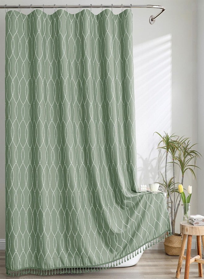 OVZME Sage Green Shower Curtain for Bathroom, Puff Printed Textured Shower Curtain with Tassels, Rustic Geometry Heavy Duty Vintage Country Bathroom Curtain, Water Resistant Fabric, 72Wx72L Inches - Image 2