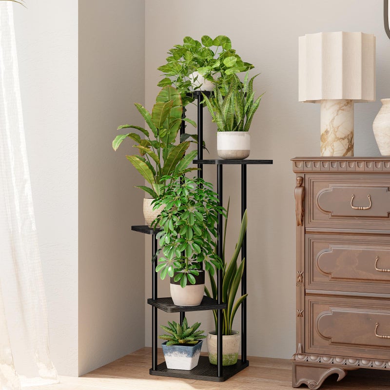 Bamworld Black Plant Stand Indoor 5 Tier Plant Shelf for Multiple Plants Corner Flower Stand Metal Wood Plant Table for Patio Garden Balcony Living Room Bedroom - Image 2
