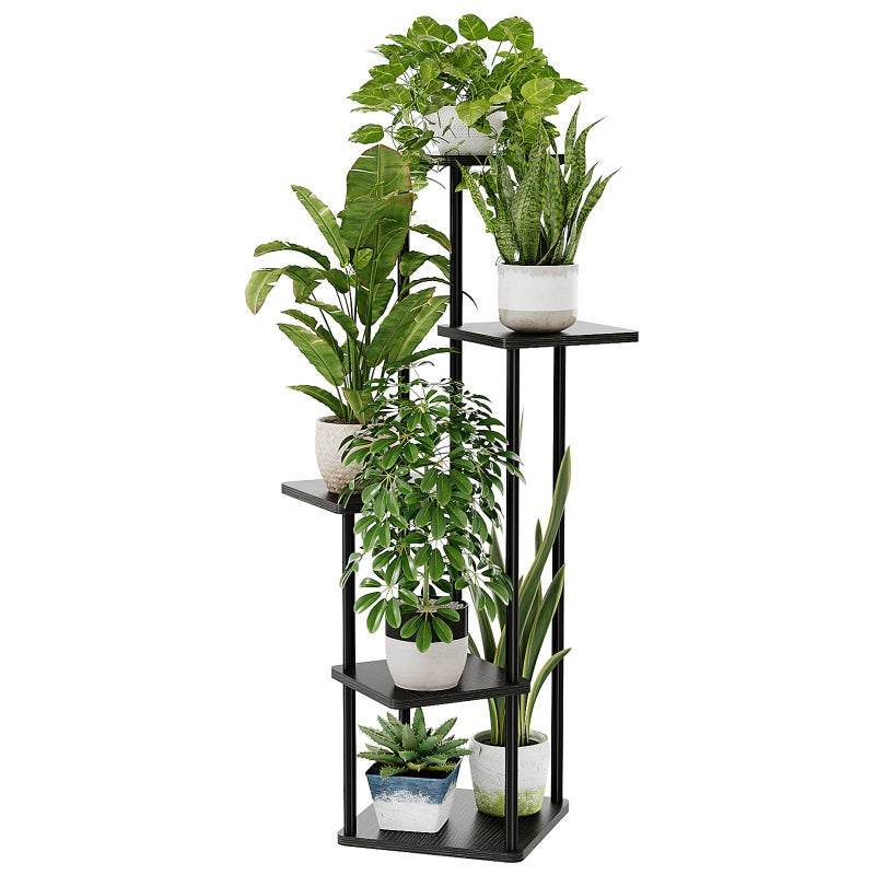 Bamworld Black Plant Stand Indoor 5 Tier Plant Shelf for Multiple Plants Corner Flower Stand Metal Wood Plant Table for Patio Garden Balcony Living Room Bedroom - Image 1