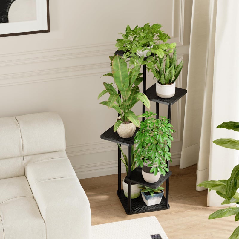 Bamworld Black Plant Stand Indoor 5 Tier Plant Shelf for Multiple Plants Corner Flower Stand Metal Wood Plant Table for Patio Garden Balcony Living Room Bedroom - Image 4