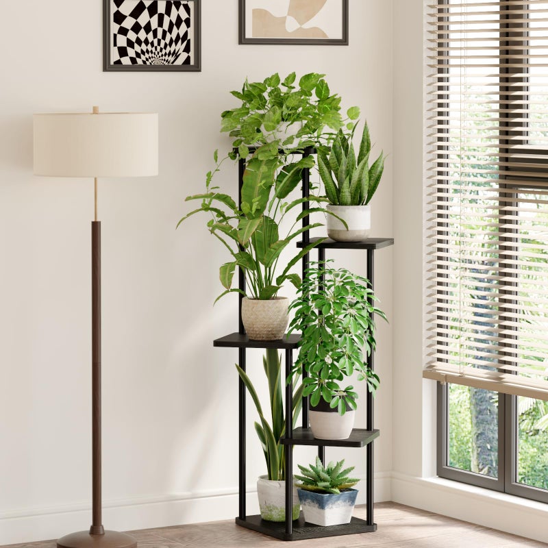 Bamworld Black Plant Stand Indoor 5 Tier Plant Shelf for Multiple Plants Corner Flower Stand Metal Wood Plant Table for Patio Garden Balcony Living Room Bedroom - Image 3