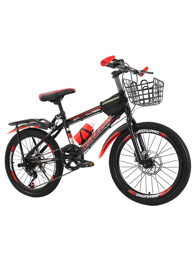 JRSHUANG Mountain Bike 18 Inch, 7 Speed Dual Disc Brake Bicycle with Passengers Rear Seat Adjustable Seat and Basket, Kids Road Bike for 6-18 Years Boys and Girls - Image 1