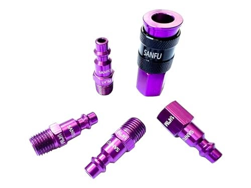 SANFU 1/4''NPT Air Coupler and Plug Kit, AMT Aluminum Unviersal Air Coupler with 4 Pieces I/M Type Air Plugs, One-Hand Operation Air Compressor Accessories Fittings 5-Piece, Purple - Image 1