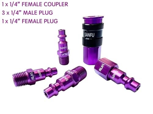 SANFU 1/4''NPT Air Coupler and Plug Kit, AMT Aluminum Unviersal Air Coupler with 4 Pieces I/M Type Air Plugs, One-Hand Operation Air Compressor Accessories Fittings 5-Piece, Purple - Image 2