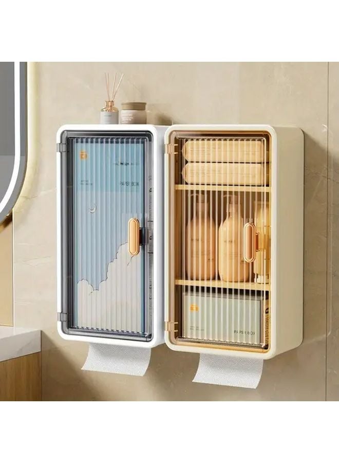 White No Drill Wall Mounted Tissue Box Holder With Bathroom Organizer - Image 2