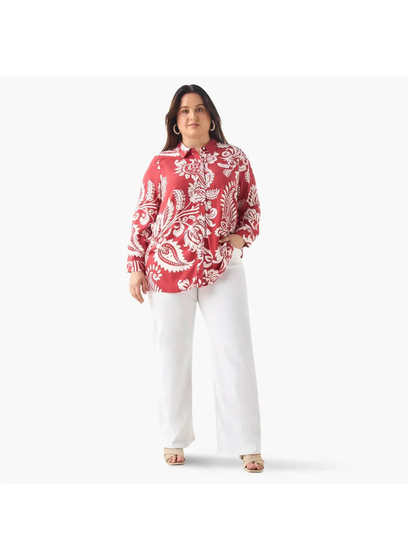 Ulla Popken Plus Size Ulla Popken Printed Shirt with Collar and Long Sleeves