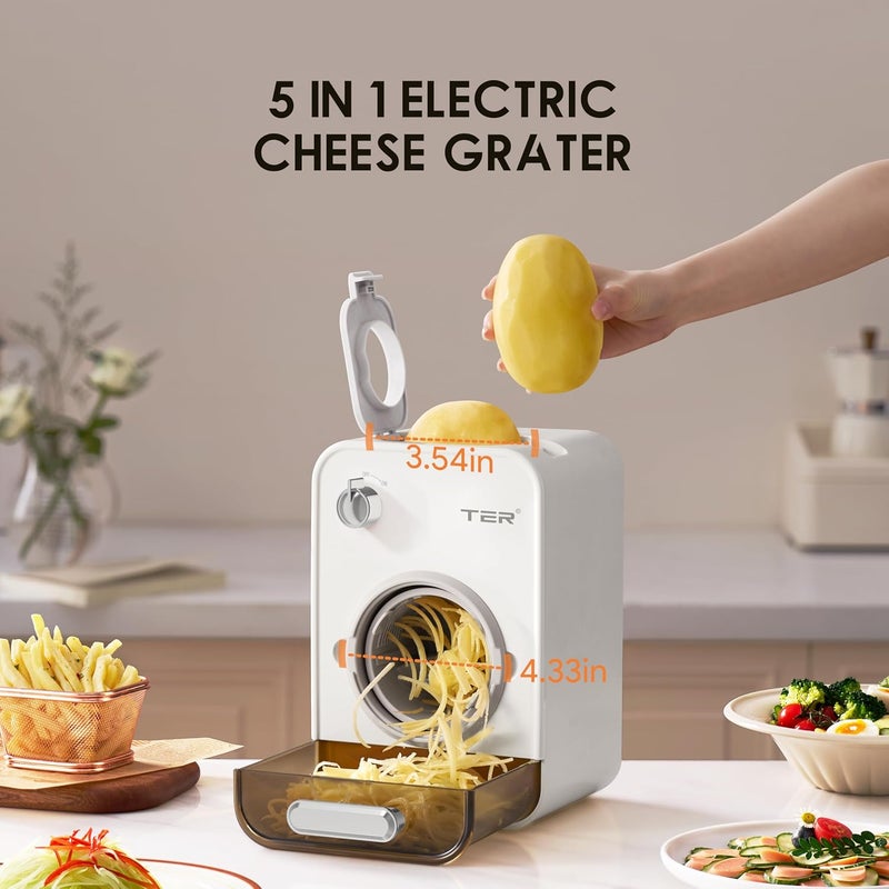 TER Electric Cheese Grater with 5 Blades, 5-in-1 Electric Vegetable Slicer for Carrots, Potatoes & More, 110mm Wide Feed Tube, Built-in Blade Storage, Fast & Easy Grating - Image 3